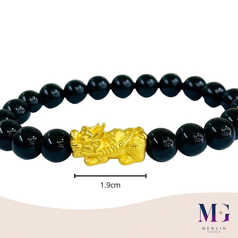 999 Pure Gold Ingot Pixiu Paired with 8mm Black Agate Bracelet