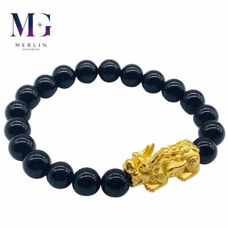 999 Pure Gold Double Ingot Pixiu Paired with 8mm Black Agate Bracelet