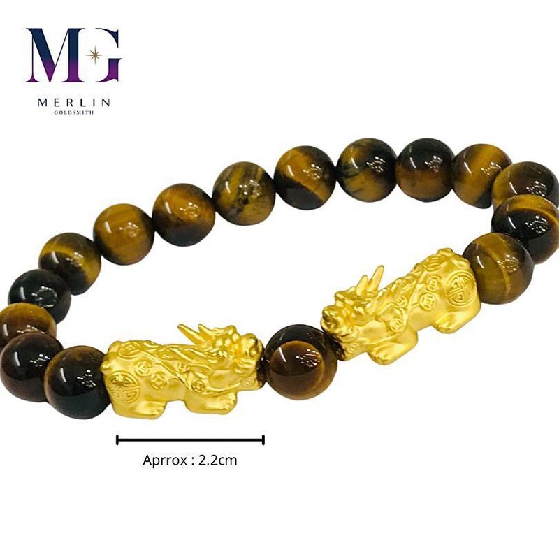 999 Pure Gold Rich Pixiu Paired with 10mm Tiger Eye Beads Bracelet