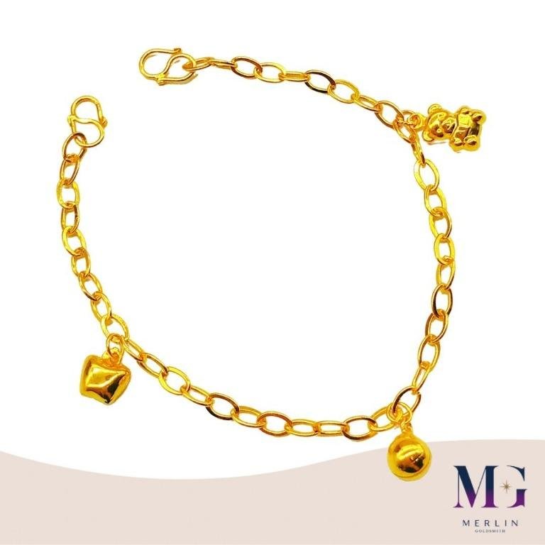 916 Gold Baby Adjustable Anklet (with Dangling Apple, Teddy Bear and Bell)