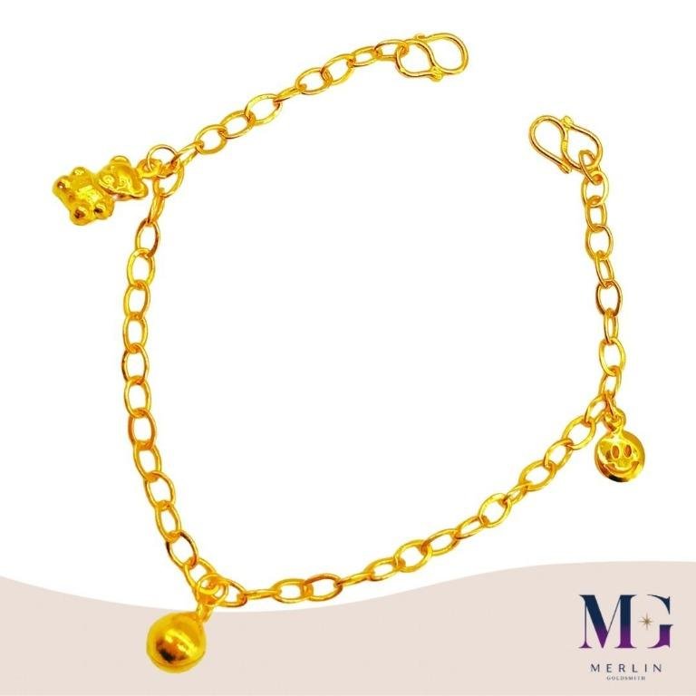916 Gold Baby Adjustable Anklet  (with Dangling Smiling Face, Teddy Bear and Bell)