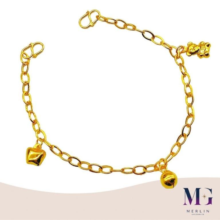 916 Gold Baby Adjustable Anklet (with Dangling Apple, Teddy Bear and Bell)