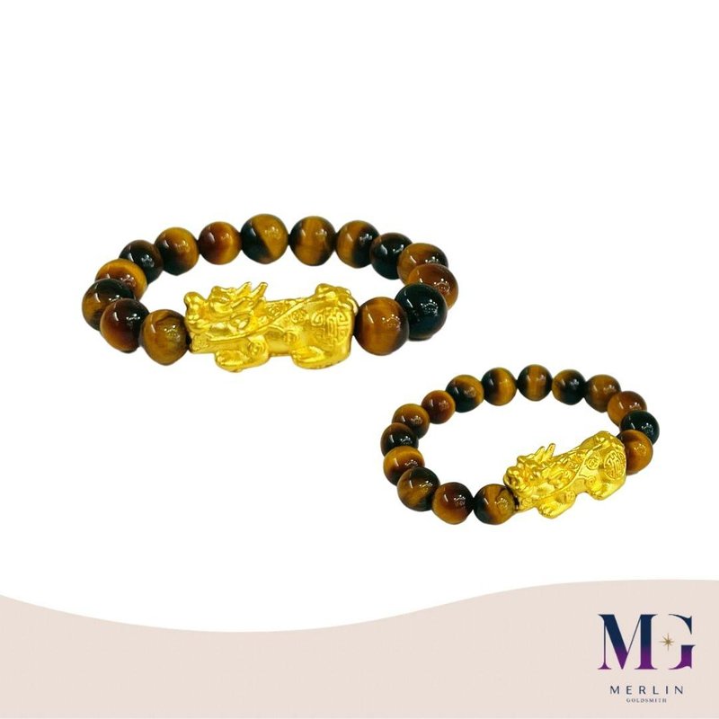 [ONLINE EXCLUSIVE] 999 Pure Gold Lucky Pixiu Paired with 4mm Tiger Eye Beads Ring