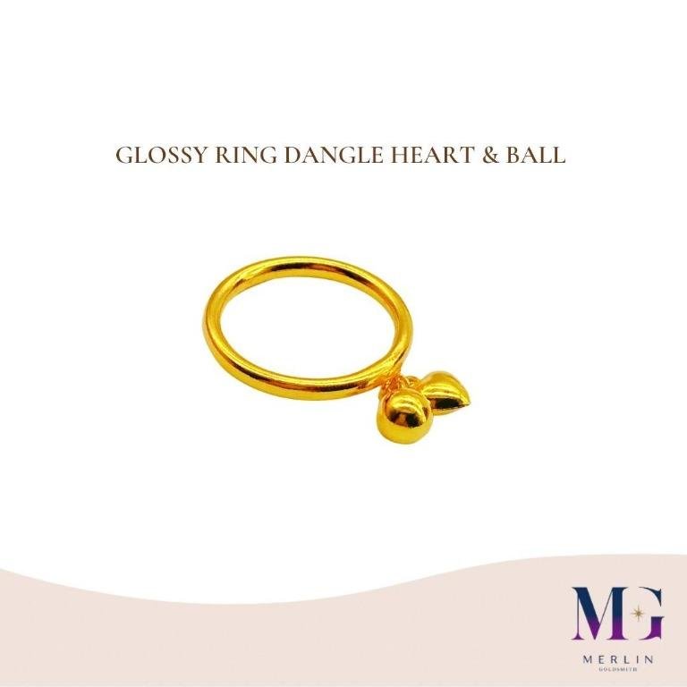 916 Gold Glossy Ring Dangle Heart & Ball