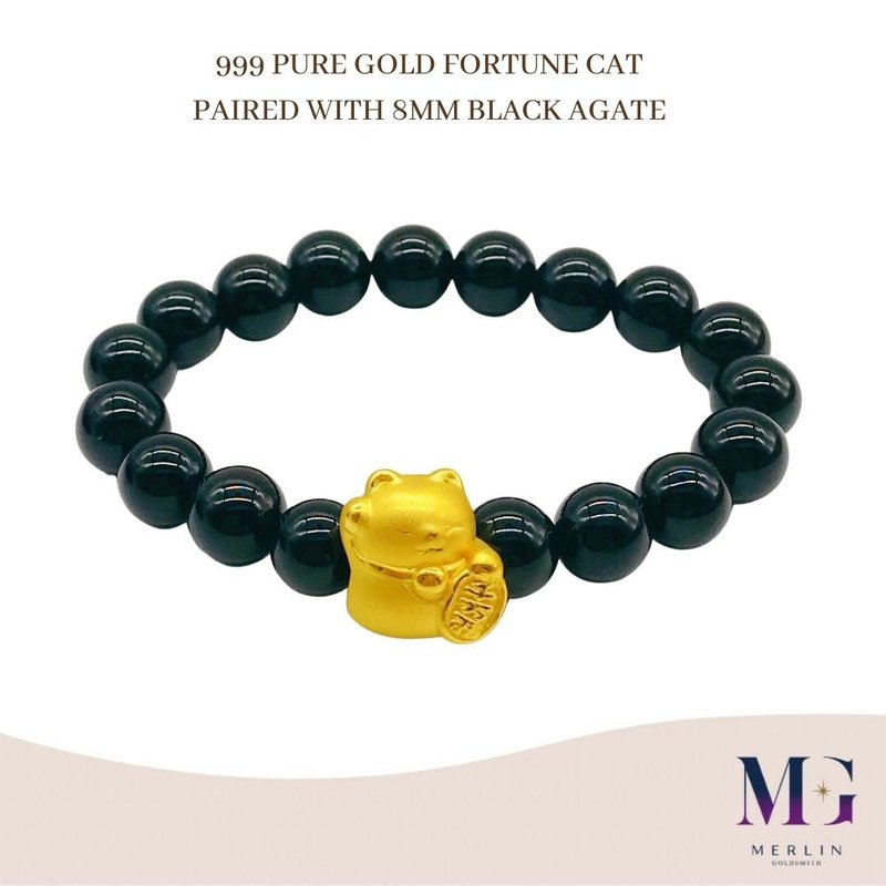999 Pure Gold Fortune Cat Paired with 8mm Black Agate Bracelet