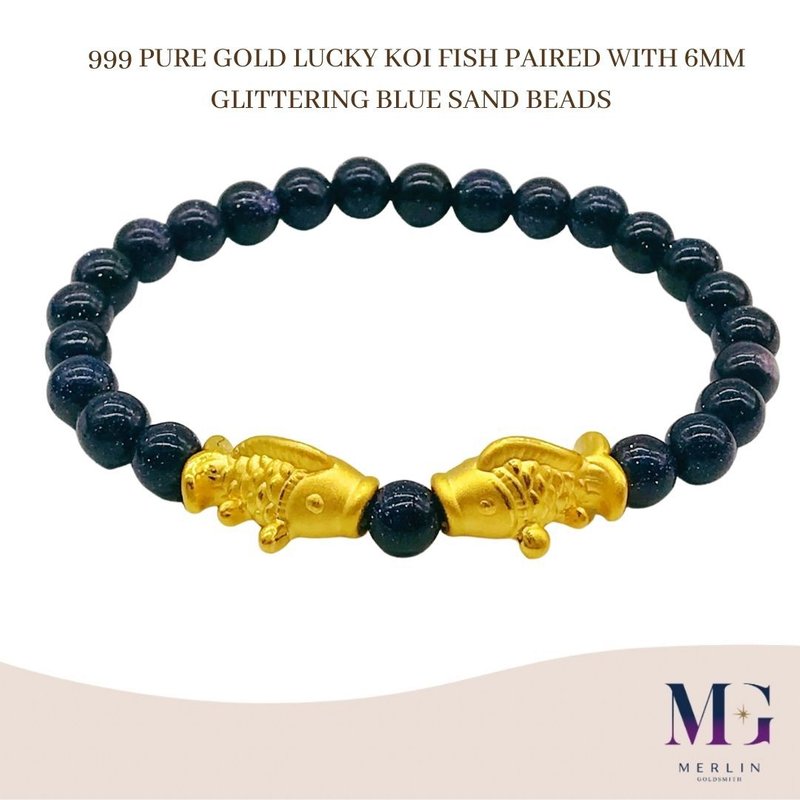 999 Pure Gold Lucky Koi Fish Paired with 6mm Glittering Blue Sand Beads