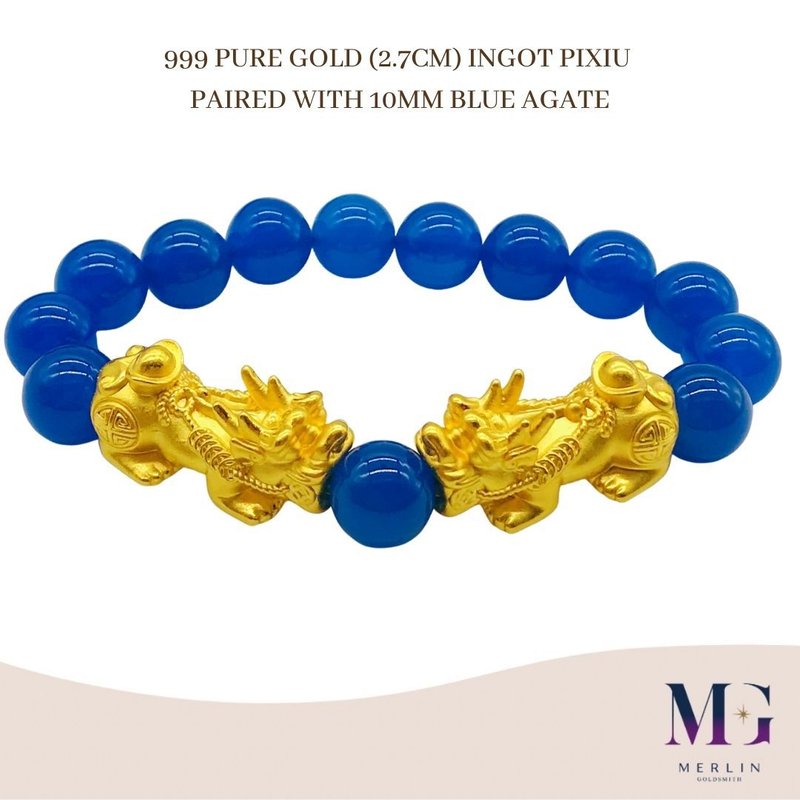 999 Pure Gold Ingot Pixiu Paired with 10mm Blue Agate Bracelet