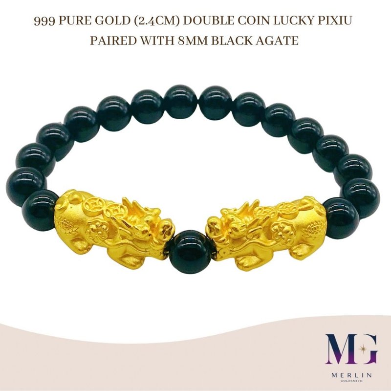 999 Pure Gold (2.4CM) Double Coin Lucky Pixiu Paired with 8MM Black Agate Bracelet 