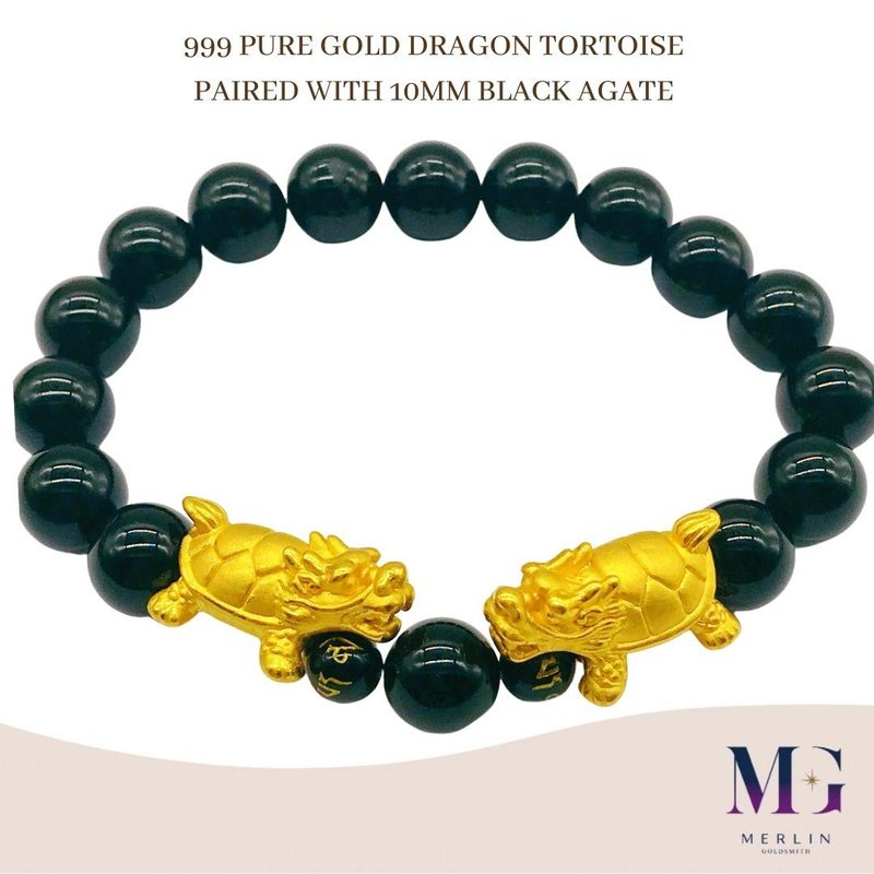 999 Pure Gold Dragon Tortoise Paired with 10MM Black Agate Bracelet