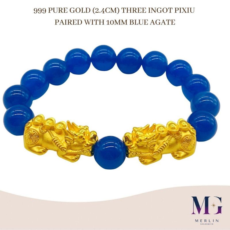999 Pure Gold (2.4CM) Three Ingot Pixiu Paired with 10MM Blue Agate Bracelet 
