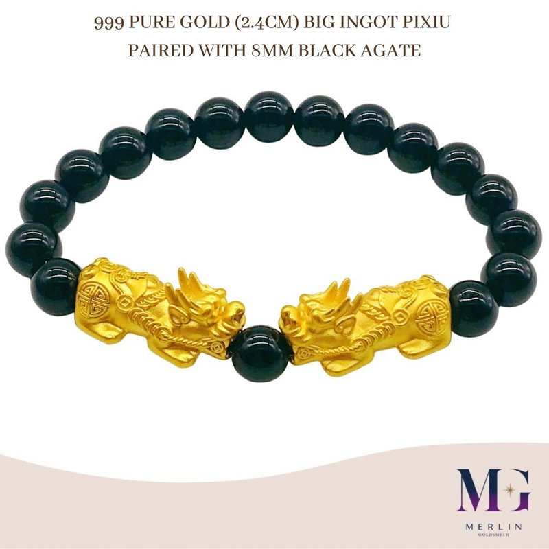 999 Pure Gold (2.4CM) Big Ingot Pixiu Paired with 8mm Black Agate Bracelet 
