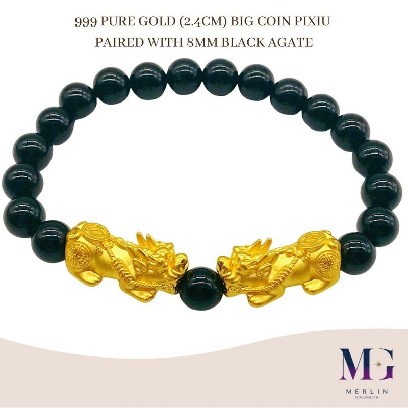 999 Pure Gold (2.4CM) Big Coin Pixiu Paired with 8mm Black Agate Bracelet 