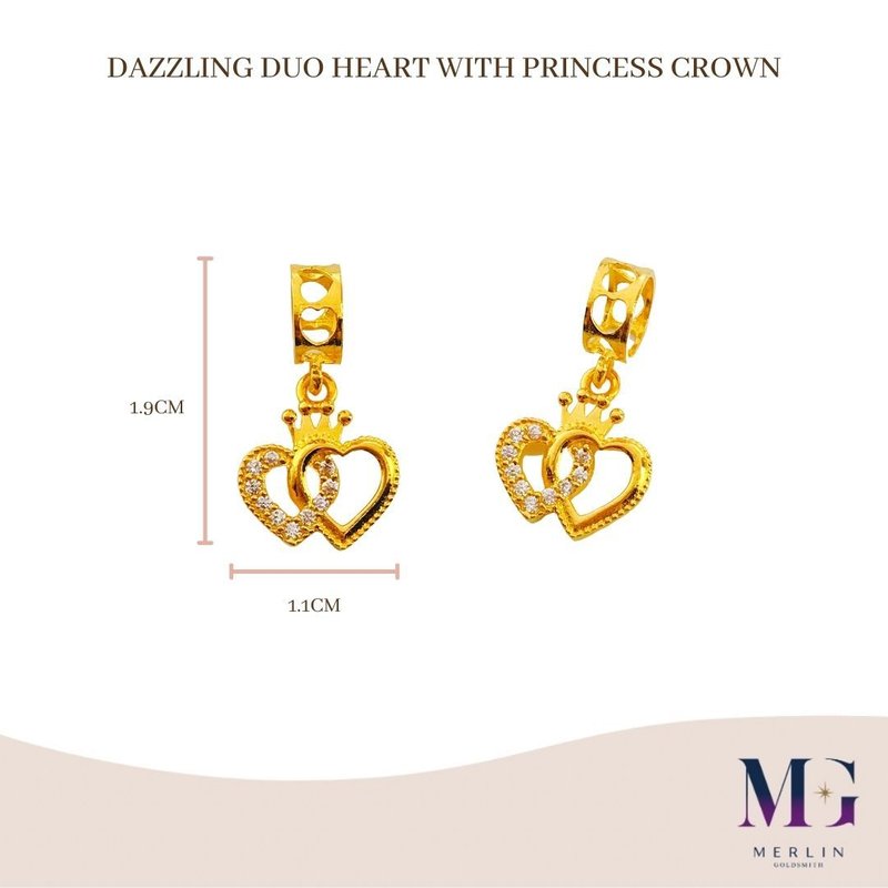 916 Gold Dazzling Duo Heart with Princess Crown Charm | Pendant