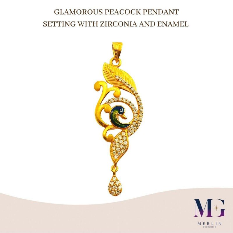 916 Gold Glamorous Peacock Pendant  (Setting with Zirconia and Enamel)