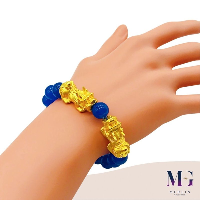 999 Pure Gold Ingot Pixiu Paired with 10mm Blue Agate Bracelet