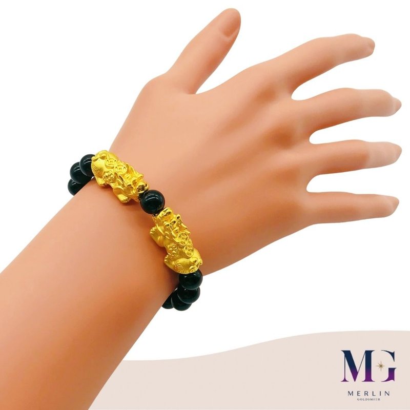 999 Pure Gold (2.4CM) Double Coin Lucky Pixiu Paired with 8MM Black Agate Bracelet 