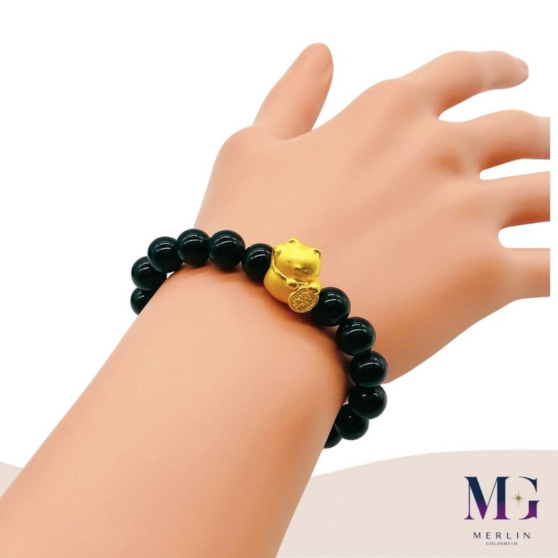 999 Pure Gold Fortune Cat Paired with 8mm Black Agate Bracelet