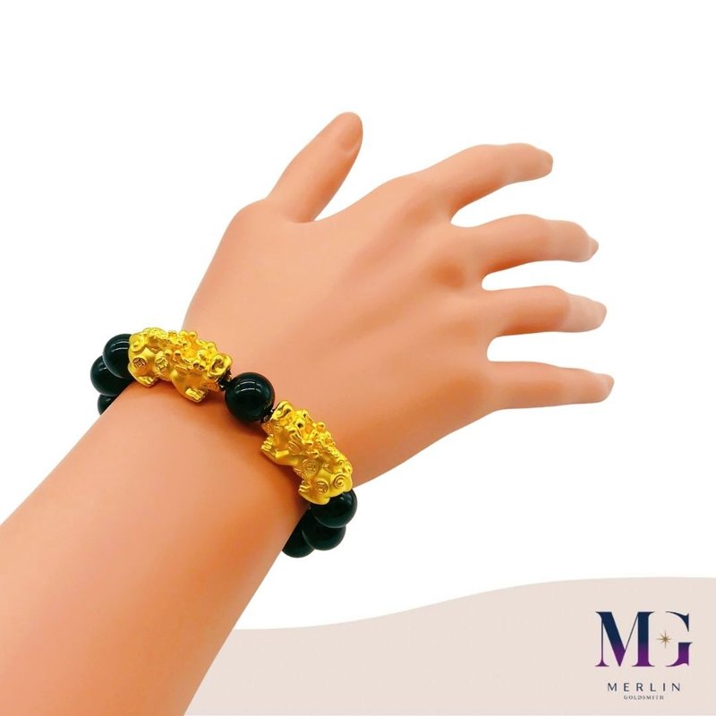999 Pure Gold (2.4CM) Lucky Pixiu Carry Baby Pixiu Paired with 10MM Black Agate Bracelet 