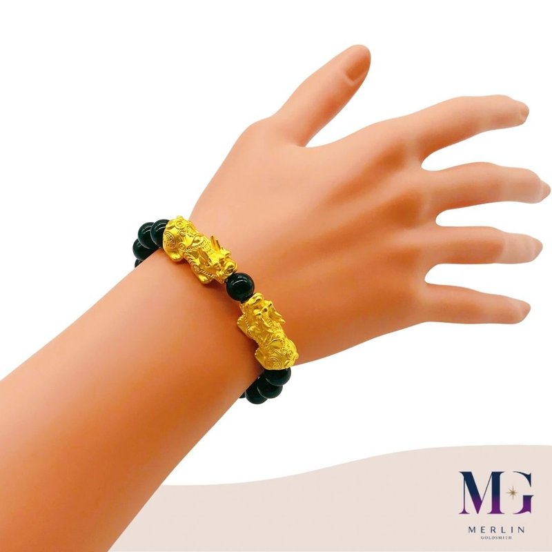 999 Pure Gold (2.4CM) Big Ingot Pixiu Paired with 8mm Black Agate Bracelet 