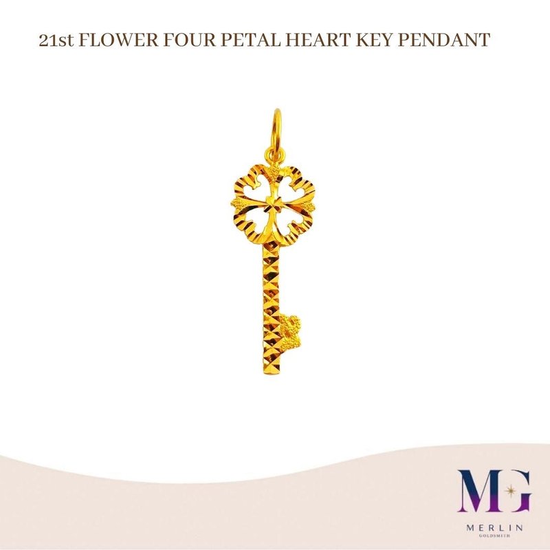 916 Gold 21st Flower Four Petal Heart Key Pendant