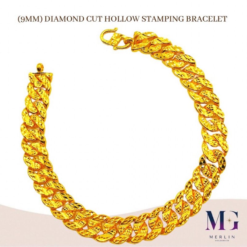 916 Gold Diamond Cut Hollow Stamping Bracelet (Width: 9MM)
