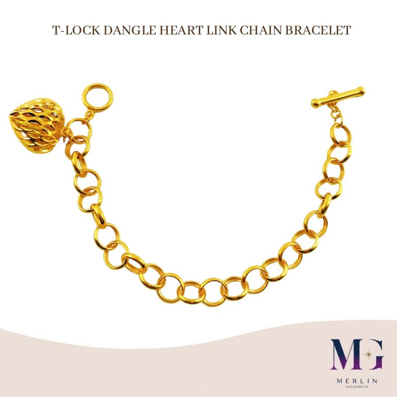 916 Gold T-Lock Dangle Heart Link Chain Bracelet