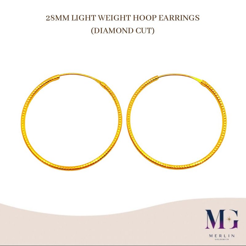 916 Gold 28mm Light Weight Diamond Cut Hoop Earrings