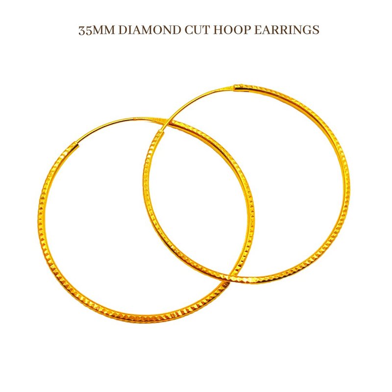 916 Gold 35mm Diamond Cut Hoop Earrings