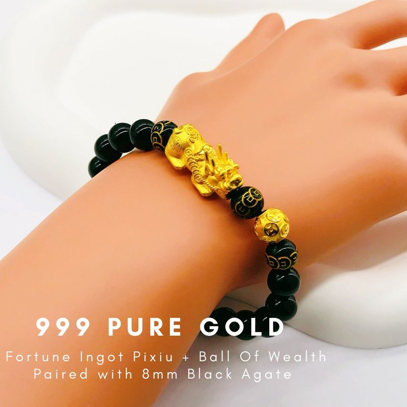 999 Pure Gold Fortune Ingot Pixiu + Ball of Wealth Paired with 8mm Black Agate