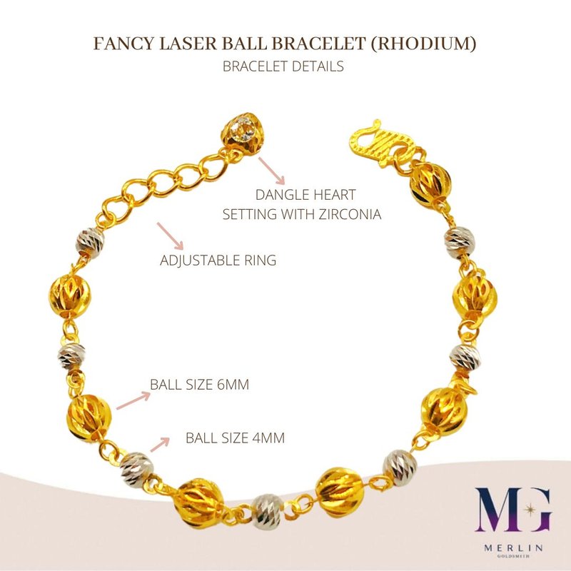 916 Gold Fancy Laser Ball Bracelet (Rhodium)