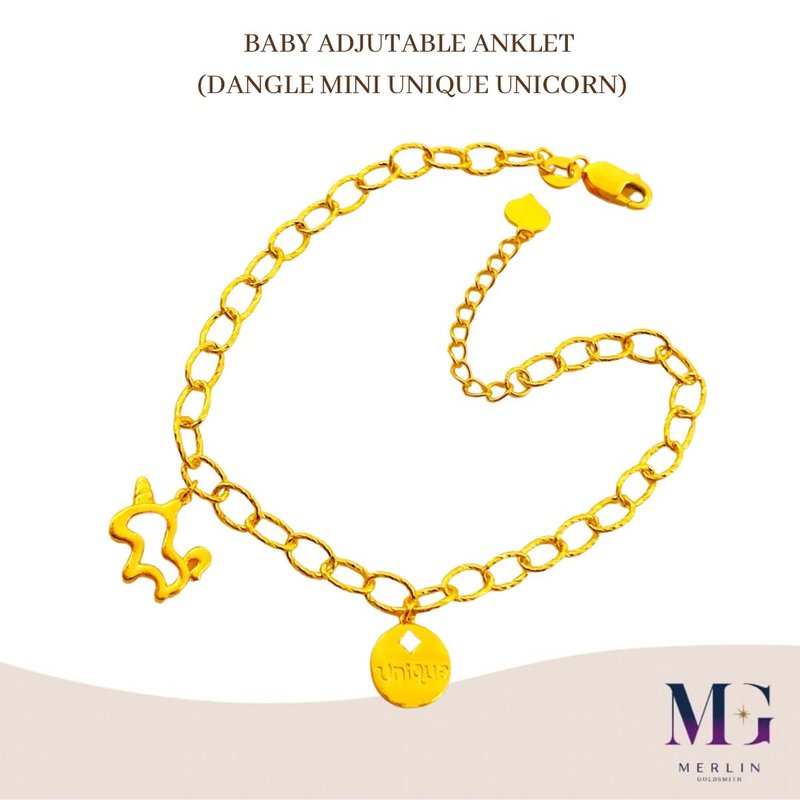916 Gold Baby Adjustable Anklet with Dangle Mini Unicorn