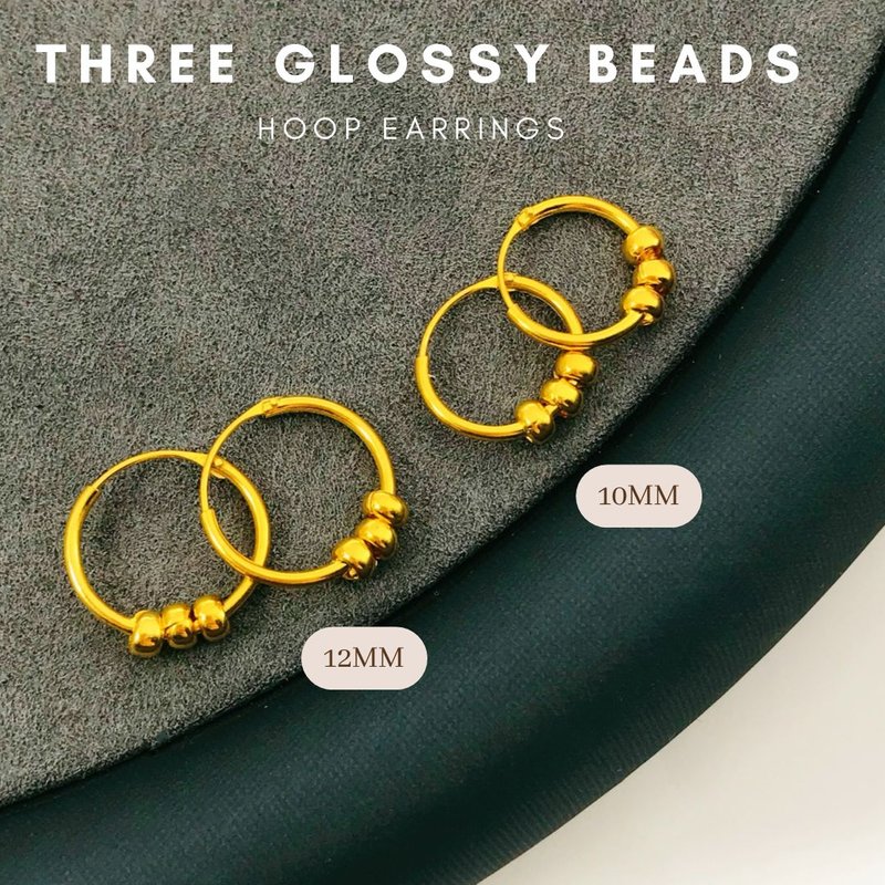 916 Gold Glossy Three Beads Hoop Earrings