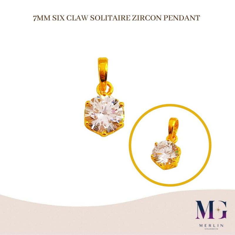 916 Gold 7mm Six Claw Solitaire Zircon Pendant 