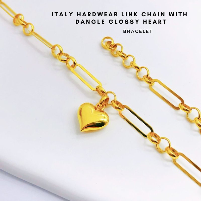 916 Gold Italy Hardwear Link Chain with Dangle Glossy Heart Bracelet 