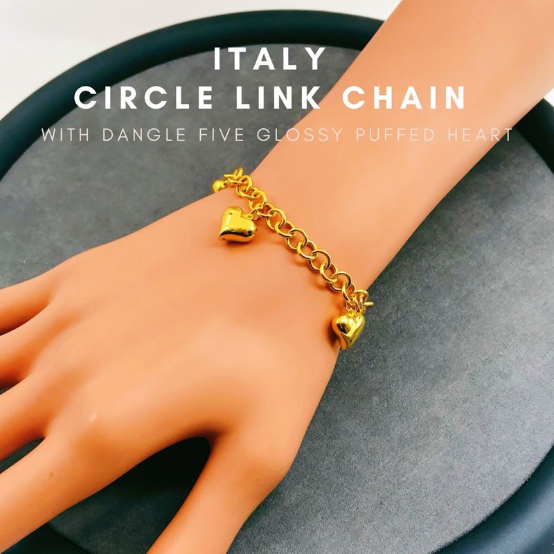 916 Gold Italy Circle Link Chain with Dangle Five Glossy Puffed Heart Bracelet