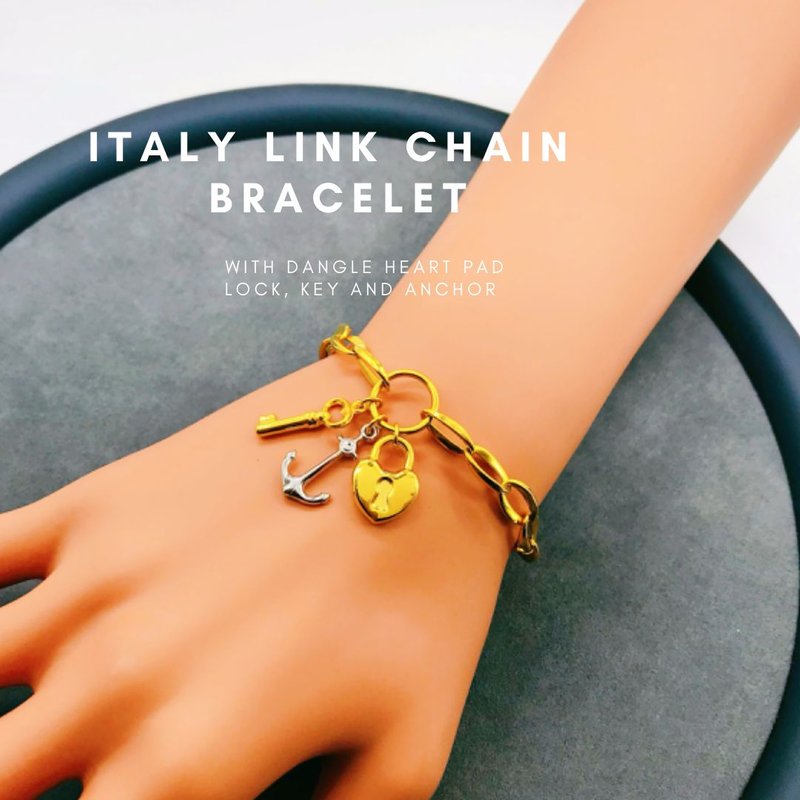 916 Gold Italy Link Chain Bracelet with Dangle Heart Pad Lock , Key and Anchor