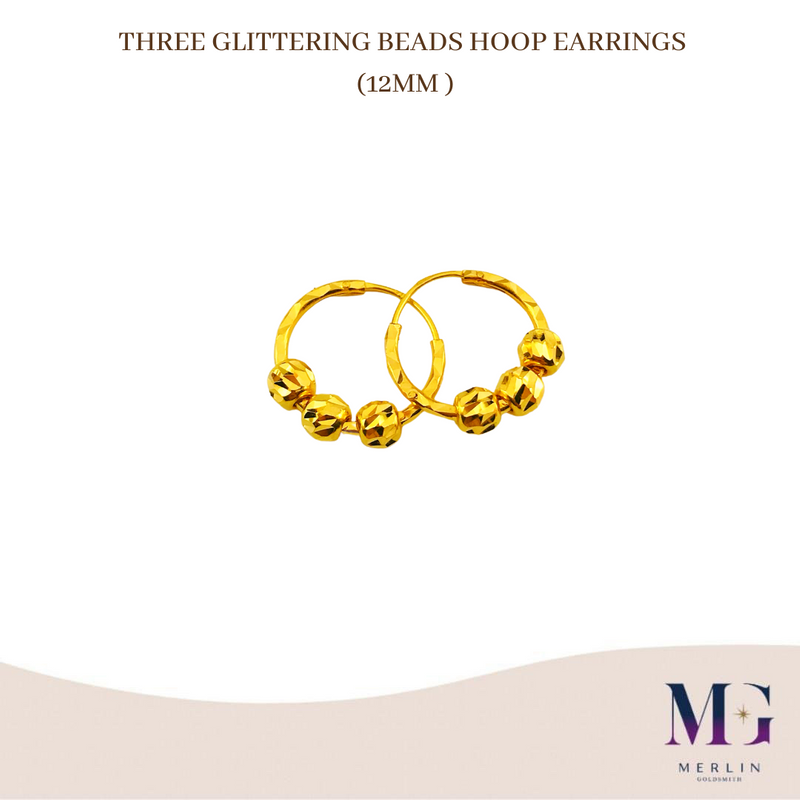 916 Gold Three Glittering Beads Hoop Earrings