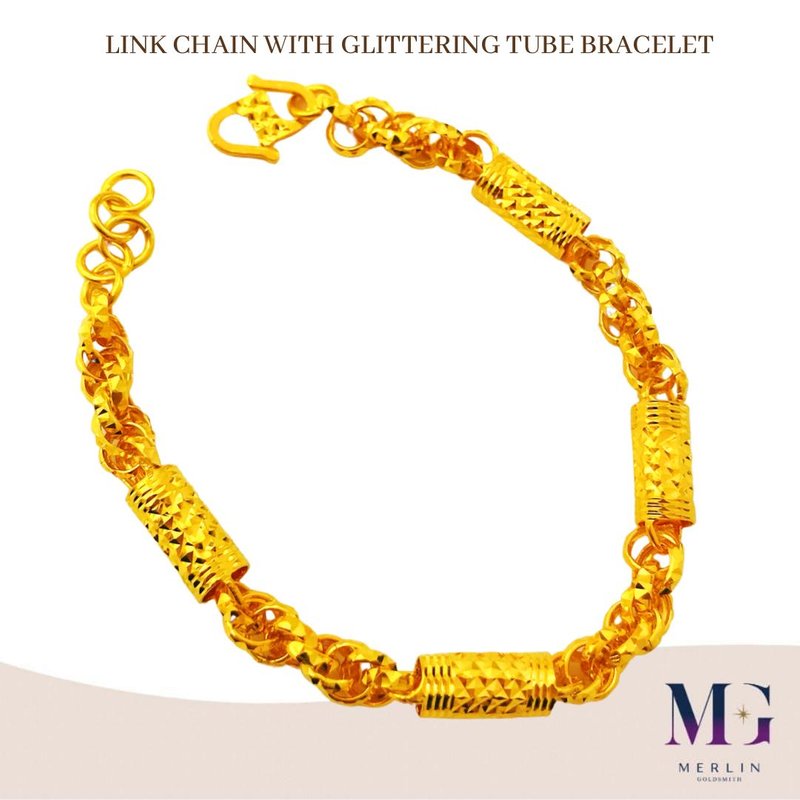 916 Gold Link Chain with Glittering Tube Bracelet 