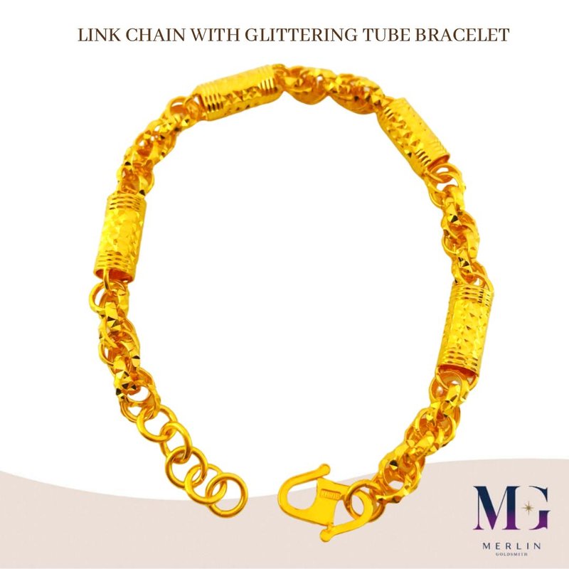 916 Gold Link Chain with Glittering Tube Bracelet 
