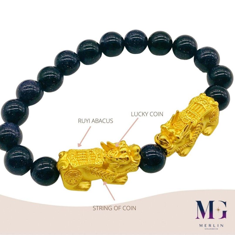 999 Pure Gold (2.8CM) Ruyi Abacus Pixiu Paired with 10MM Blue Glittering Blue Sand Bracelet