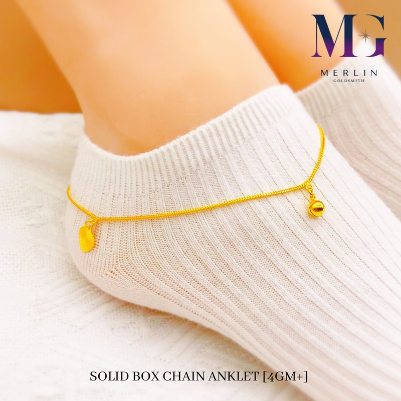 916 Gold Solid Box Chain Anklet with Dangle Bell & Heart Fans (4GM+)