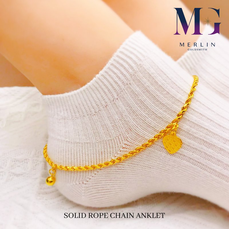 916 Gold Solid Rope Anklet with Dangle Bell & Heart