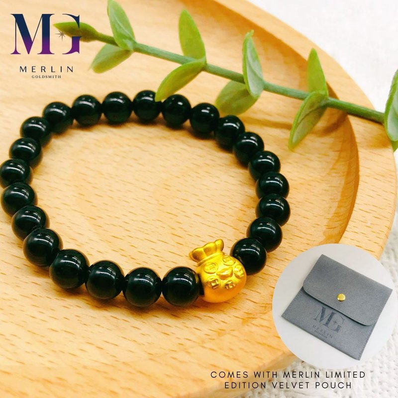 999 Gold Money Bag Bracelet Paired with 6mm Black Agate Beads