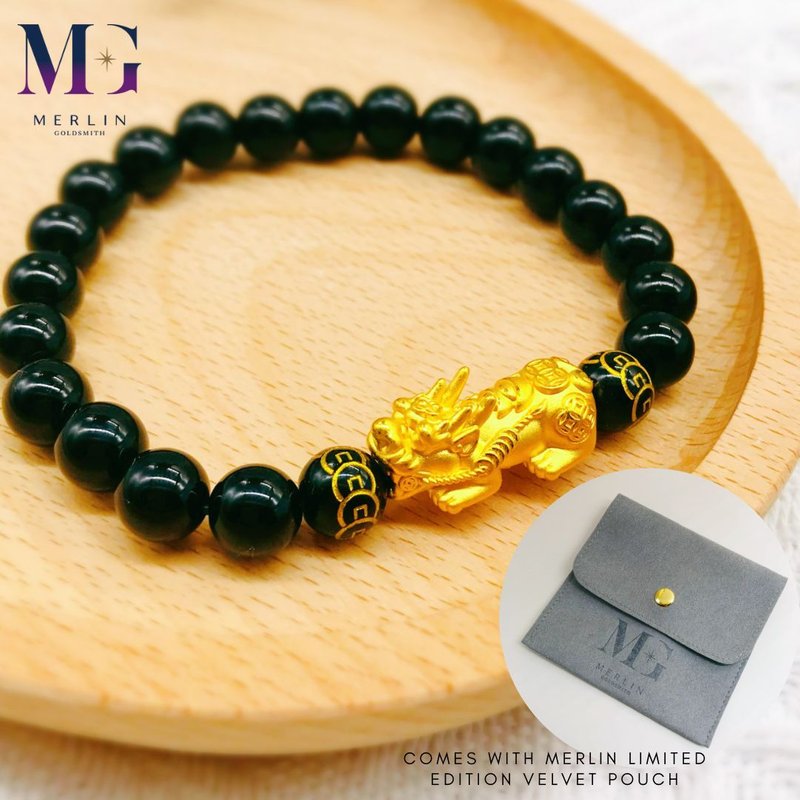 999 Gold [2.3cm] Ingot Pixiu Bracelet with 8mm Black Agate Beads