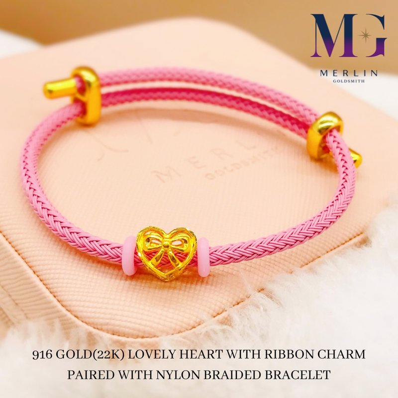 916 Gold Lovely Heart with Ribbon Charm Paired w Nylon Braided Bracelet