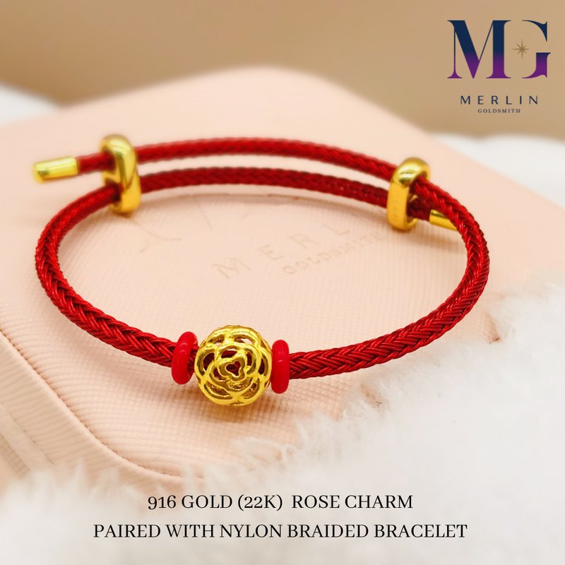 916 Gold Rose Charm Paired w Nylon Braided Bracelet