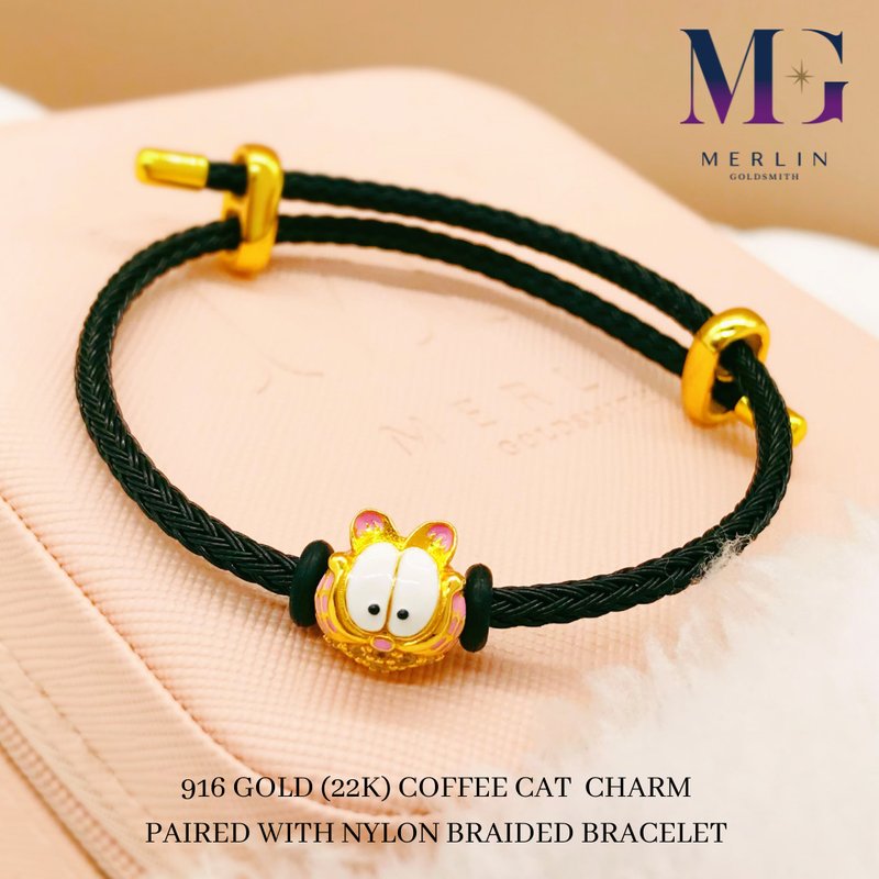 916 Gold Coffee Cat Charm Paired w Nylon Braided Bracelet
