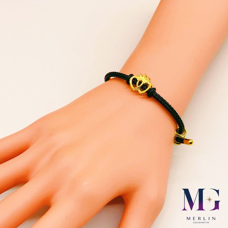 916 Gold Duo Heart with Crown Charm Paired w Nylon Braided Bracelet