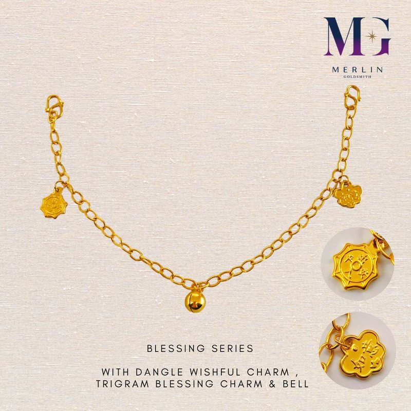 916 Gold Baby Anklet - Blessing Series [ with Dangle Bell , Wishful Charm & Trigram Charm ]