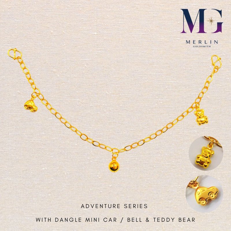 916 Gold Baby Anklet - Adventure Series [ with Dangle Bell , Mini Car & Teddy Bear ]